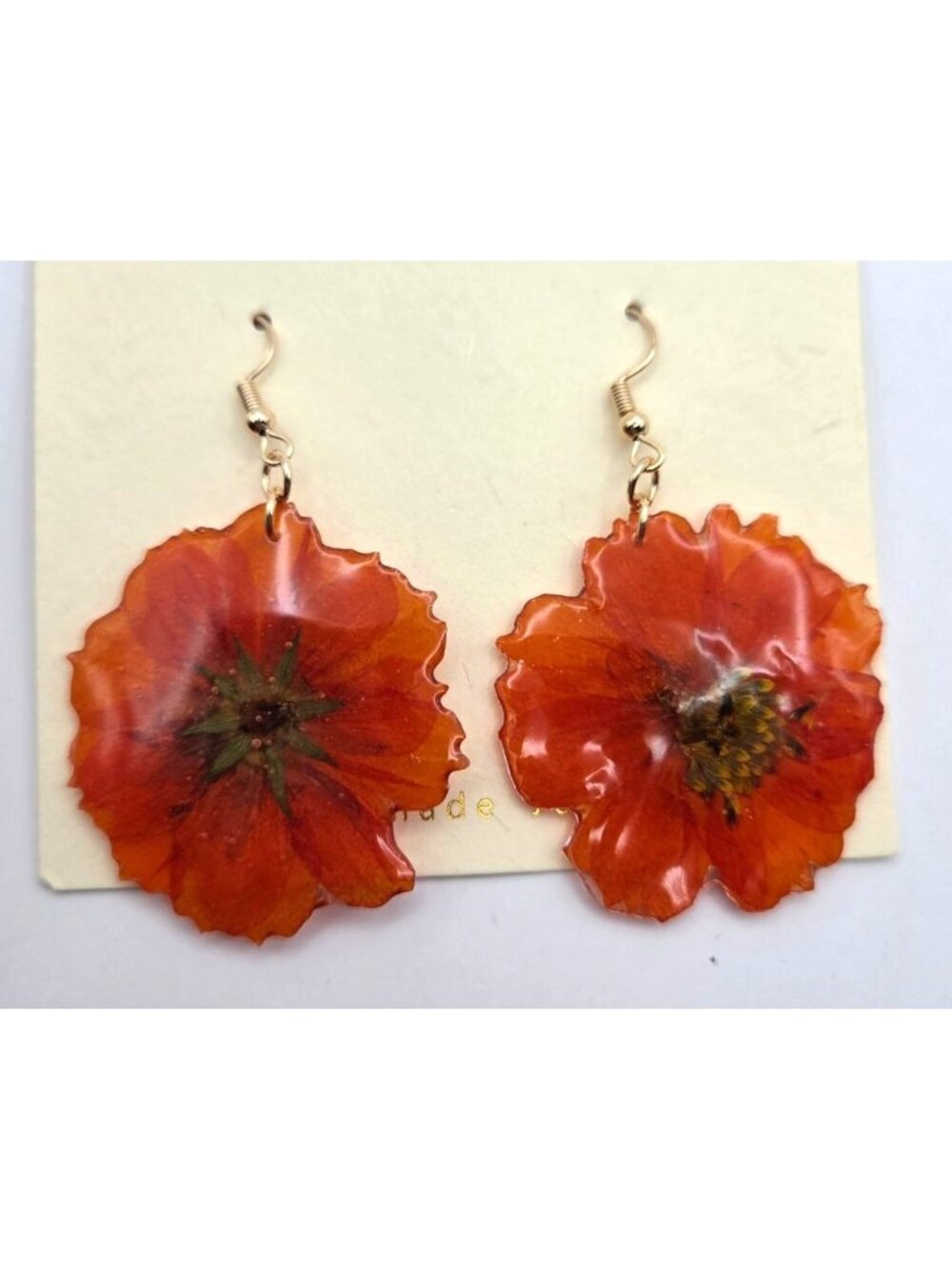 Red-Orange  Pressed Flower Resin Drop Earrings